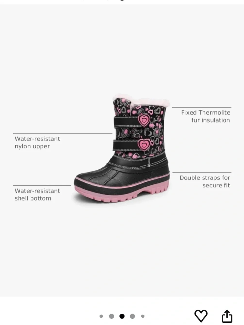 Dream Pairs Girls Black and Pink Heart Snow Boots